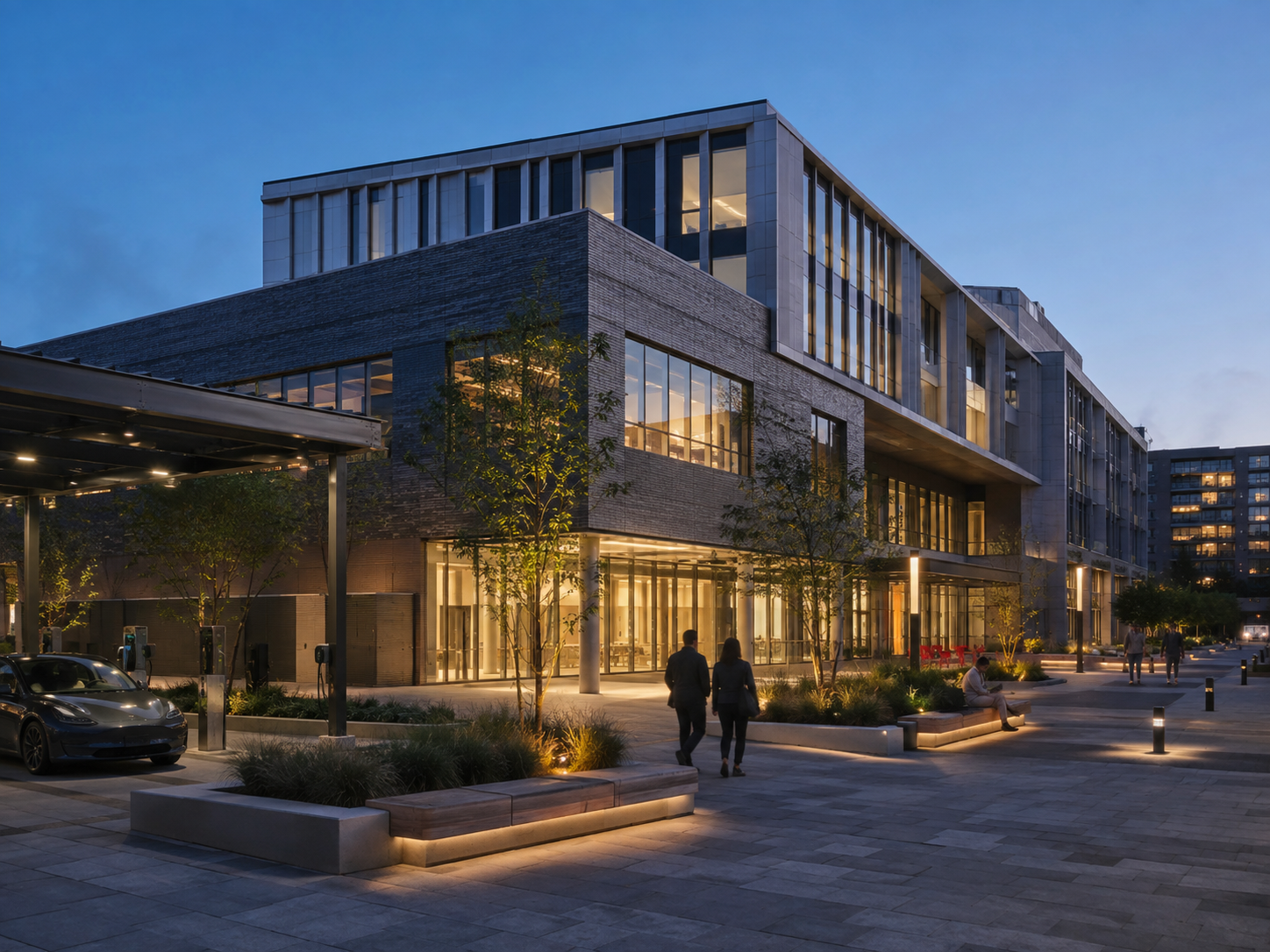 Civic and commercial property environment at blue hour